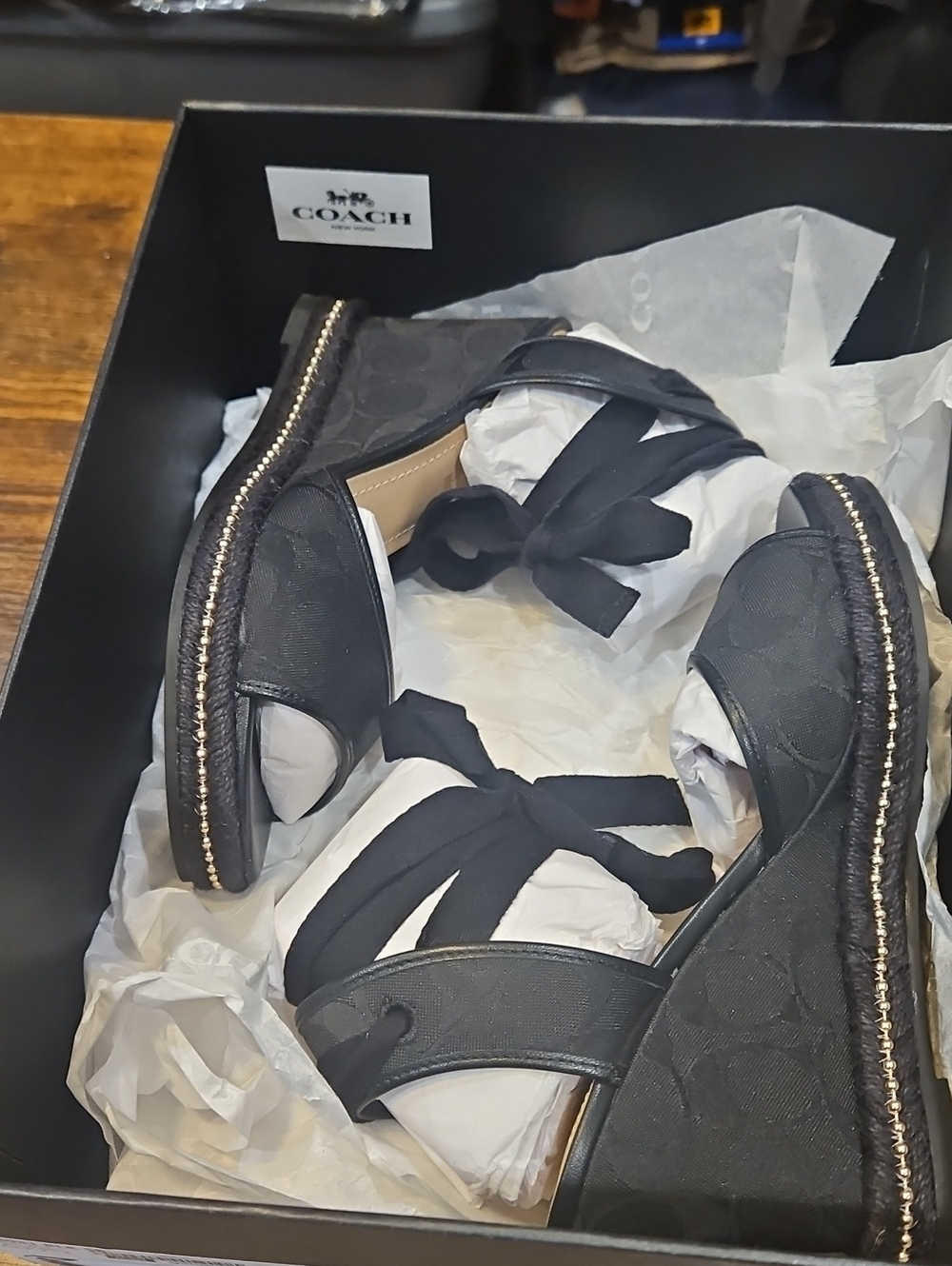 COACH Black Espadrille Wedge Sandals with Ankle Tie